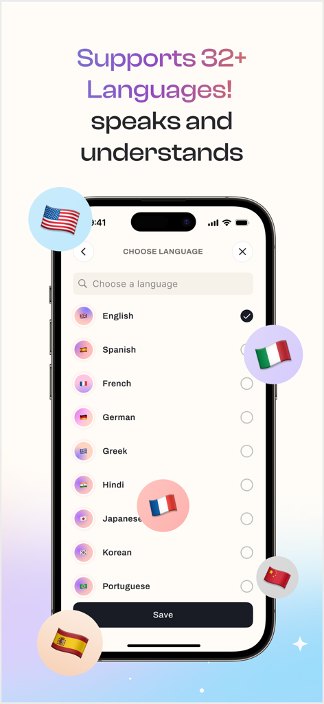 Dropcall: AI Voicemail & Phone - Dropcall app interface showing support for over 32 languages with a list of options like English, Spanish, and French.
