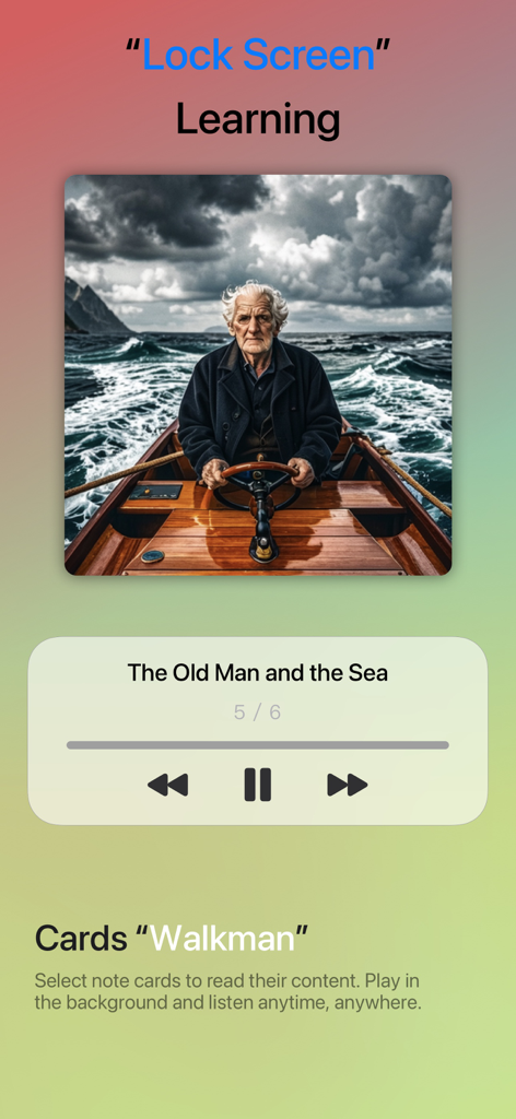 La fonctionnalité d'apprentissage sur écran de verrouillage de l'application WinkNotes montrant une interface de lecteur audio pour écouter le contenu des cartes mémoire en arrière-plan.