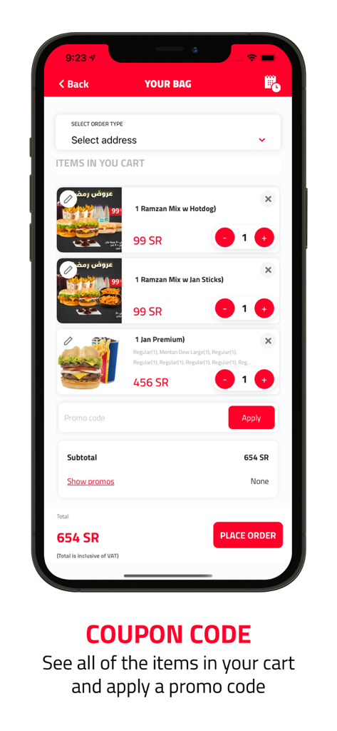 Jan Burger | جان برجر - Jan Burger mobile app checkout screen showing items in the shopping bag and a promo code field