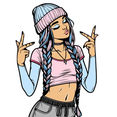 realistic teenage girl with braids and a beanie and crop top doing 🫶🏼