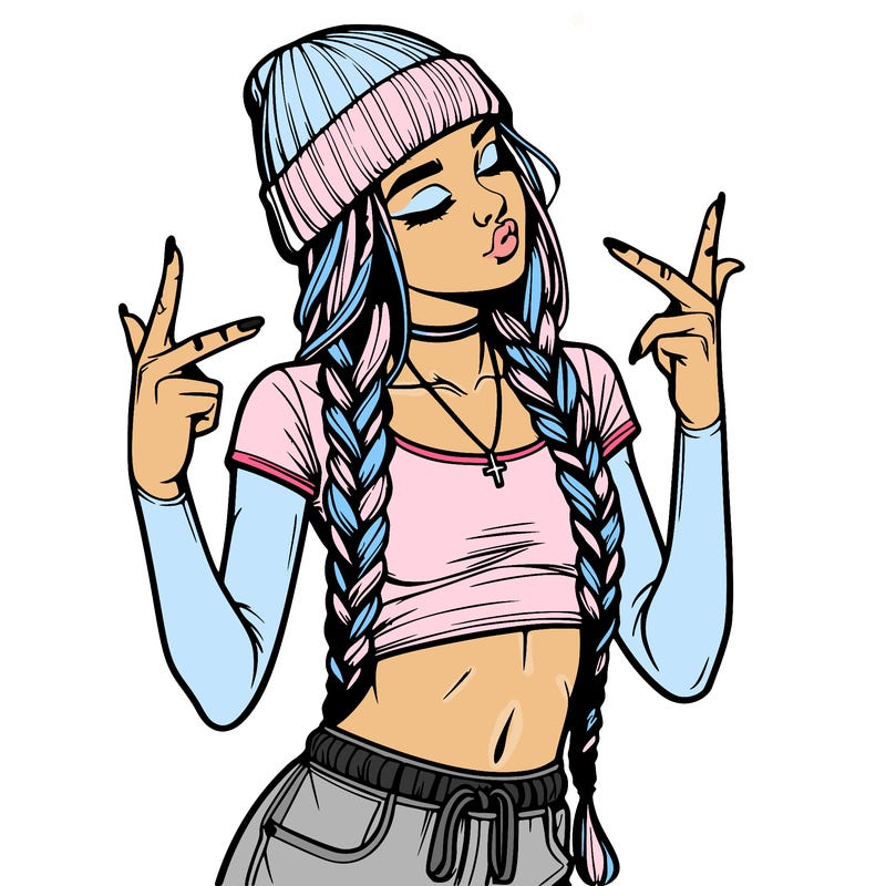 realistic teenage girl with braids and a beanie and crop top doing 🫶🏼