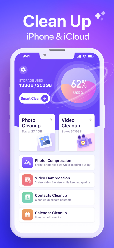 Space Cleaner-Clean Up Storage - Space Cleaner app interface showing storage usage and cleanup options for photos videos and contacts
