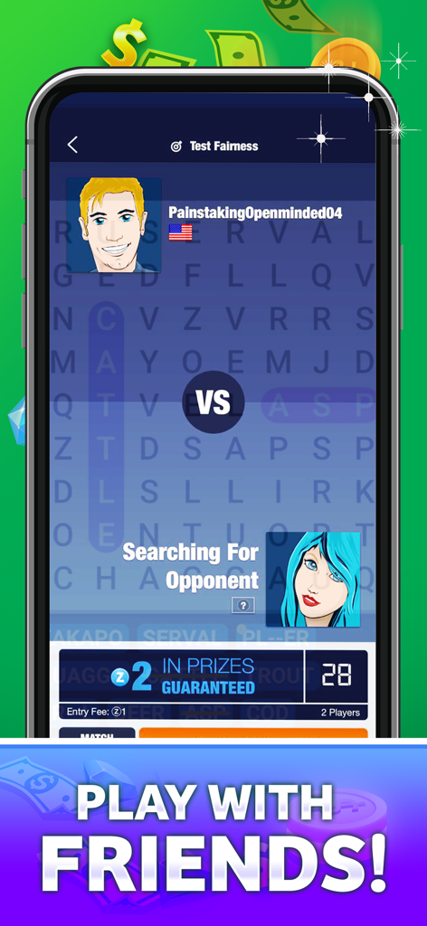 Pantalla de matchmaking en la aplicación Word Search Cash mostrando dos avatares de jugador y premios en efectivo garantizados.