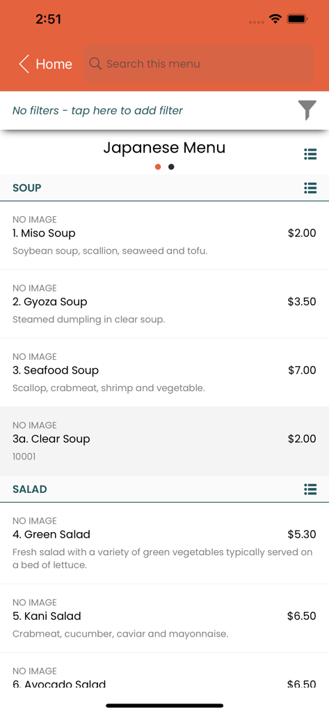 Beyond Menu Restaurant Owner app menu management interface showing Japanese soup and salad items with pricing