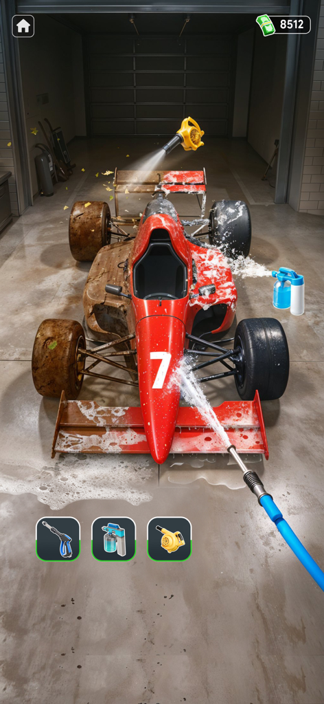 Car Wash Games: Repair Garage - Cleaning a red formula racing car using a power washer in a garage