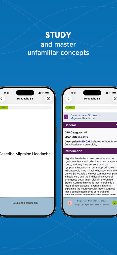 Sistema de estudo Grasp do aplicativo Nursing Central apresentando flashcards médicos para estudantes de enfermagem
