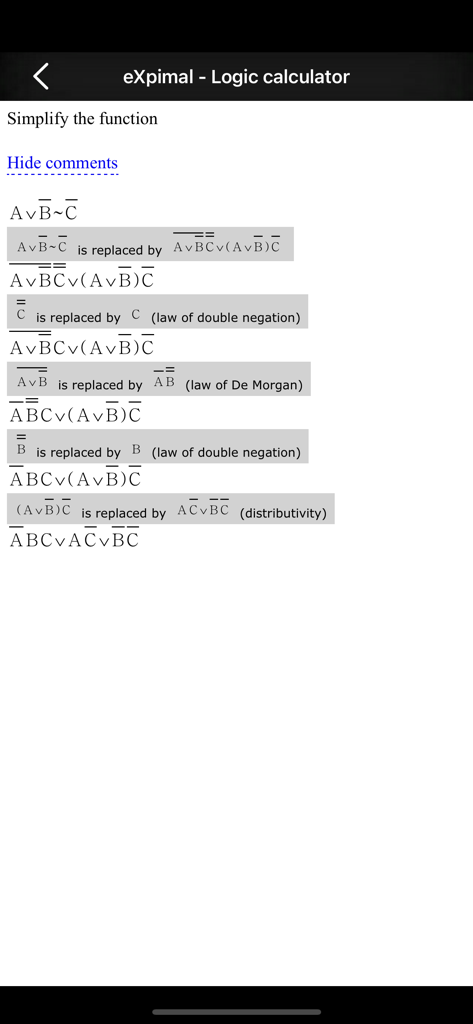 eXpimal - Logic calculator - Step by step Boolean function simplification showing laws of double negation and De Morgan in the eXpimal app