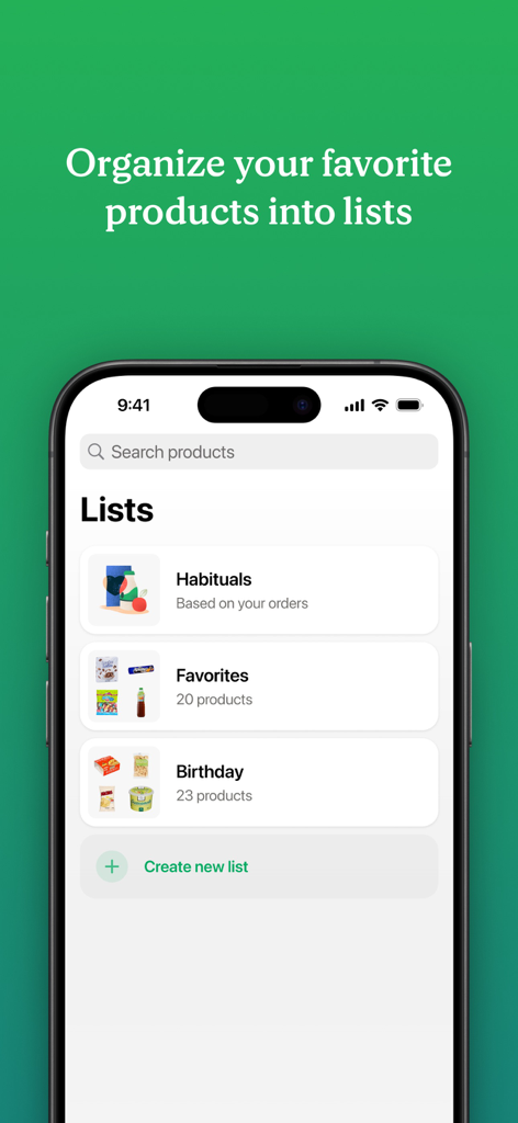 Mercadona - Pantalla de la app móvil de Mercadona que muestra opciones para organizar productos favoritos en listas de compras personalizadas
