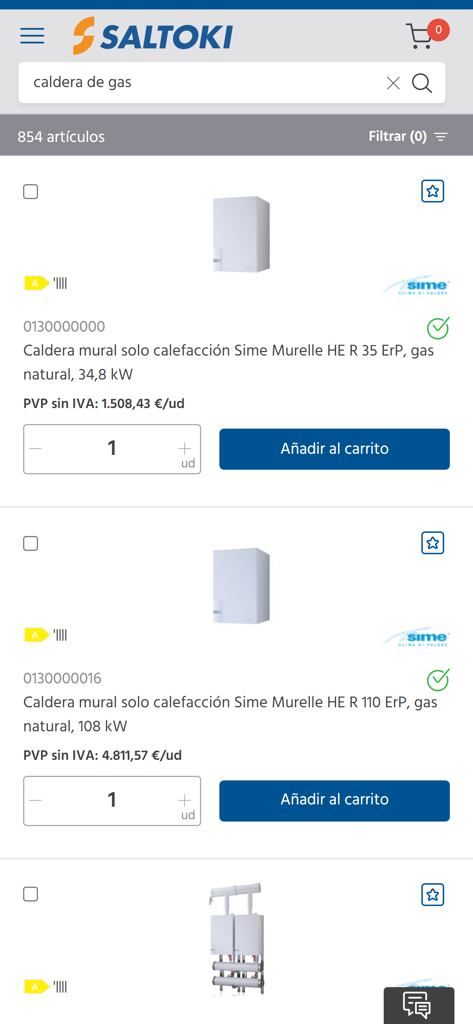 Resultados de búsqueda de calderas de gas en la aplicación Saltoki Online mostrando precios y opciones de añadir al carrito para profesionales del sector