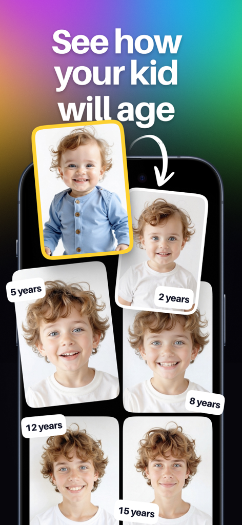 Crisp - AI Photo Enhancer - AI interface showing a sequence of a child aging from a baby to fifteen years old using the Lifetime feature