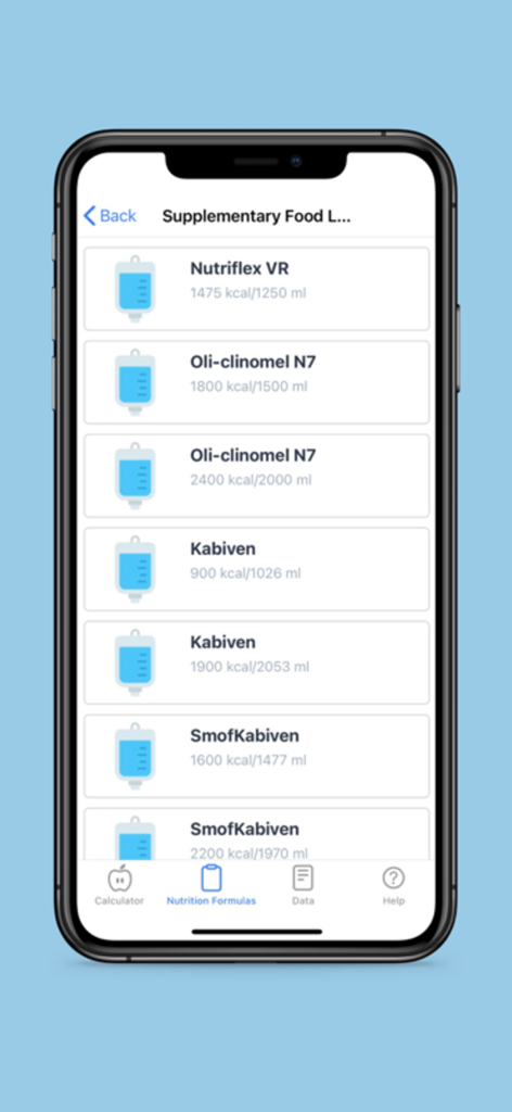 A list of clinical nutrition formulas displaying calorie and volume details within the Nutri-Calculator app