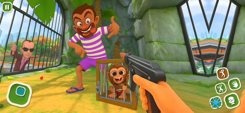 I Monkey Naughty Zoo Cage Game - Vue de gameplay à la première personne d'un joueur interagissant avec un singe dans une cage et des personnages amusants dans un zoo