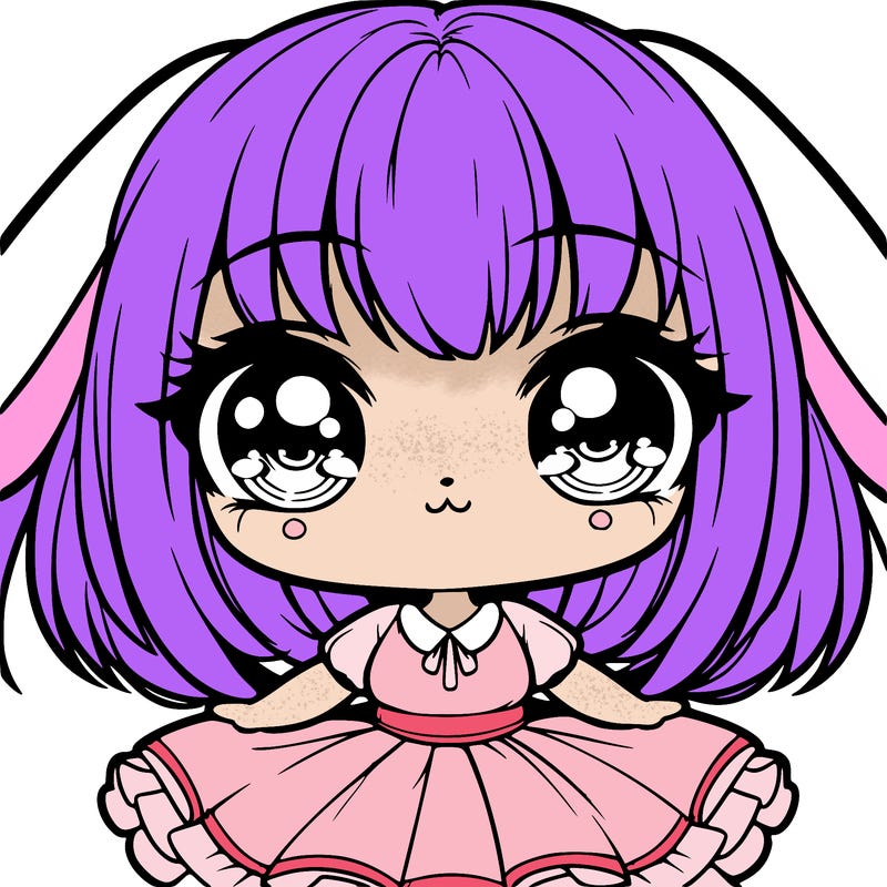 adorable chibi bunny ears girl with short hair with straight bangs and cute big round puppy eyes and with chubby cheeks and cute flawless dress