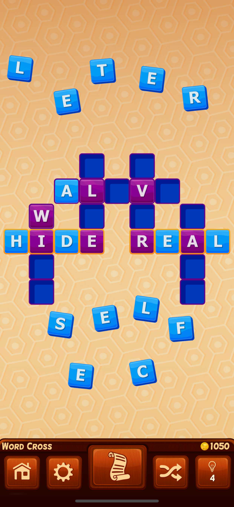 A crossword style puzzle game level with letter tiles and a grid on a mobile screen