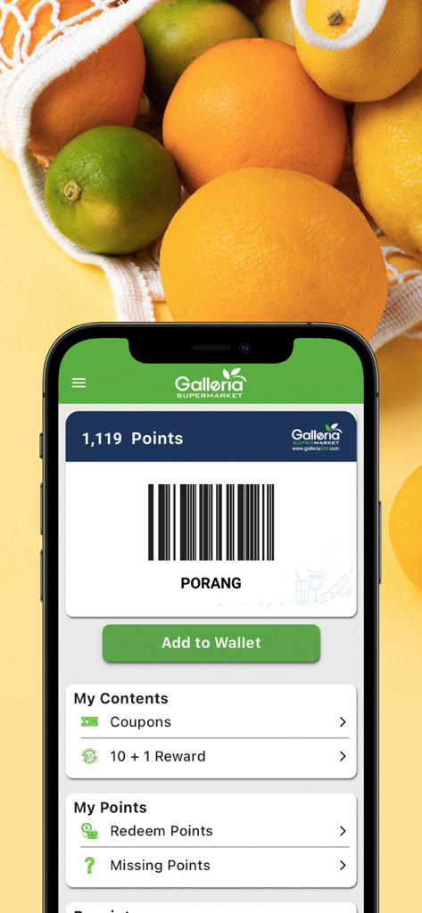 GalleriaSM - Tessera digitale di iscrizione Galleria Supermarket che mostra codice a barre, punti fedeltà e pulsante aggiungi al portafoglio.