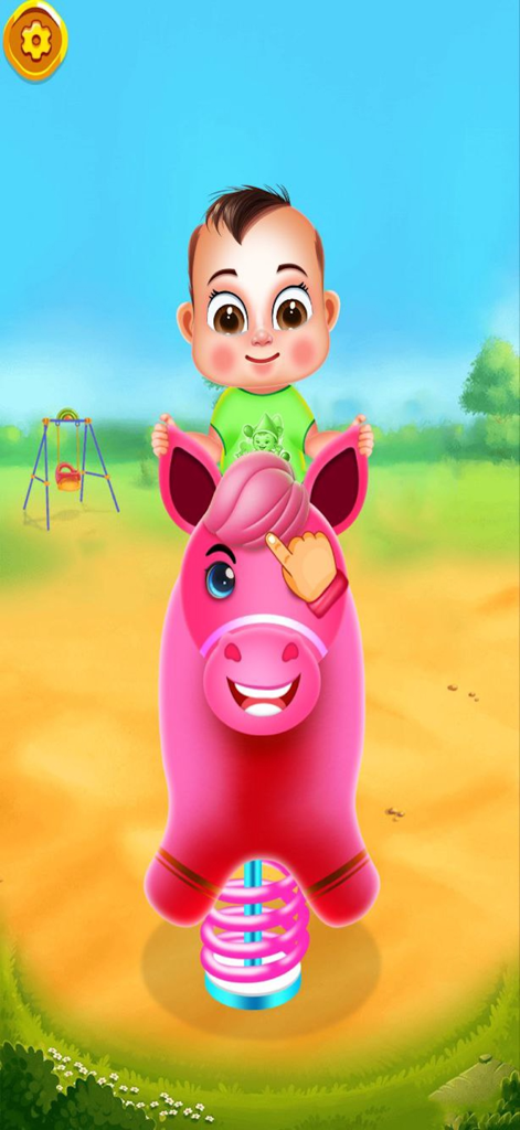 Cute Baby Sitter Daycare Games - A cute cartoon baby character riding a pink spring horse in a sunny playground park