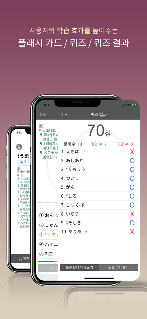 엣센스 일한일 사전 - JpKoJp DIC - Essence Japanese Korean dictionary app quiz results showing student progress