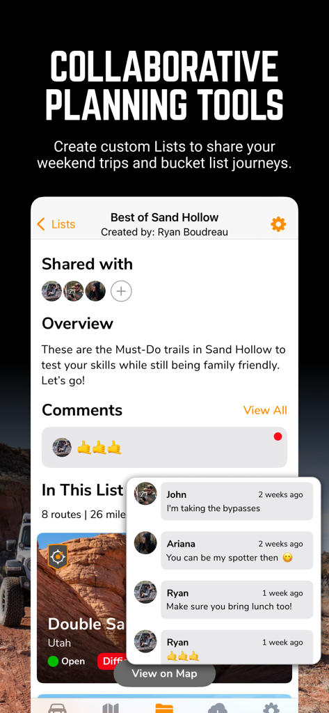 A screenshot of the Trails Offroad app highlighting collaborative planning tools and shared trail lists with user comments
