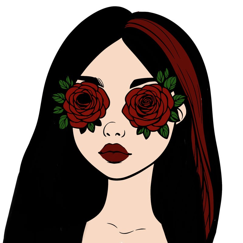 a realistic girl with roses for eyes