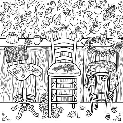 Dive into the cozy charm of fall with this inviting coloring page featuring three uniquely styled bar stools set against a backdrop of rich autumn bounty. Perfect for celebrating the harvest season, this detailed illustration offers endless opportunities to bring vibrant autumn hues to pumpkins, leaves, and rustic decor.