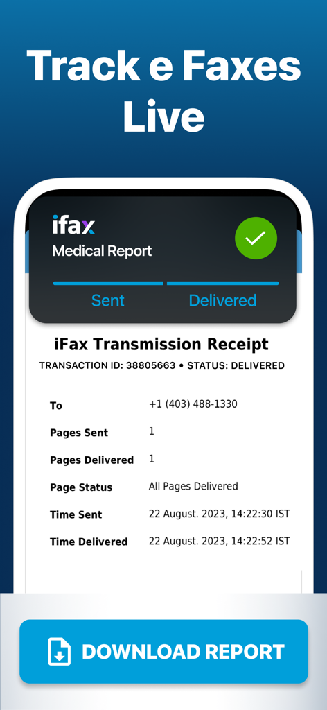iFax App Send Fax From iPhone - 配信確認と追跡の詳細を含む医療レポートのiFax送信領収書を示すモバイル画面