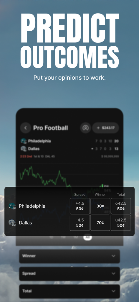 Fanatics Markets: Trade Sports - Fanatics Markets mobile app interface showing sports prediction contracts and outcomes for a football game