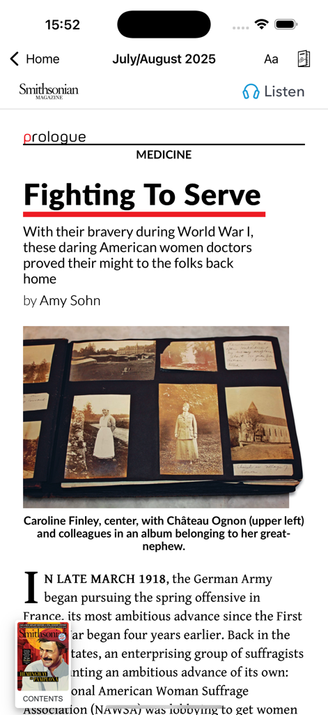 Smithsonian Magazine - Interface of Smithsonian Magazine app displaying a long-form article about World War I history with vintage photos.