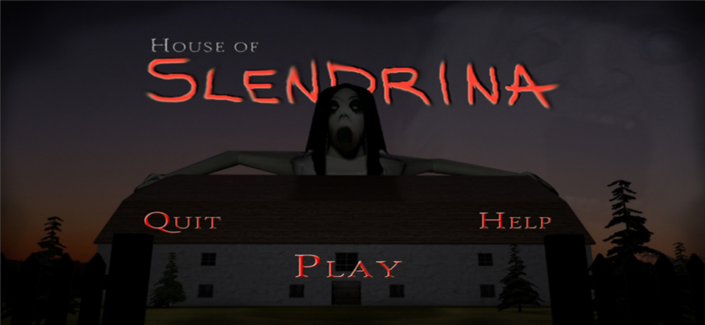 Main menu screen of House of Slendrina mobile horror game featuring a ghostly figure looming over a dark house.