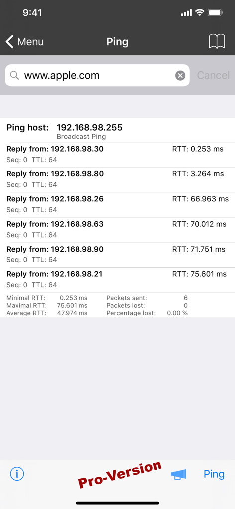 iNet - Network Scanner - iNet Network Scanner app ping interface showing network response times and latency statistics