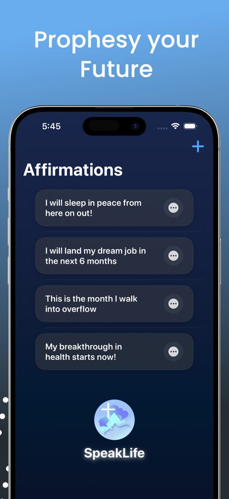 SpeakLife app interface showing a list of faith-based affirmations for sleep, career, and health
