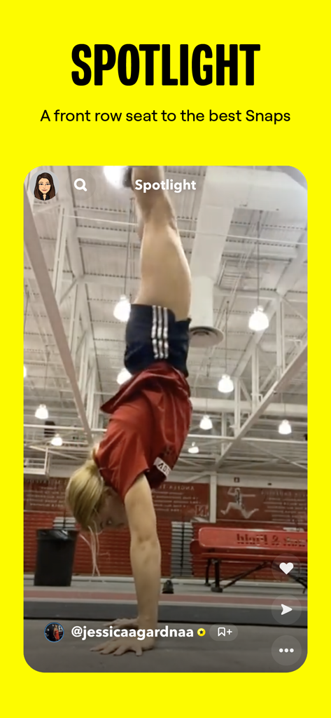 Snapchat Spotlight interface showing a trending vertical video of a person doing a handstand