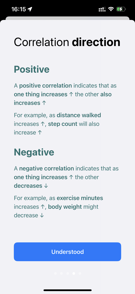 This & That - Screen explaining positive and negative correlations in health data with examples
