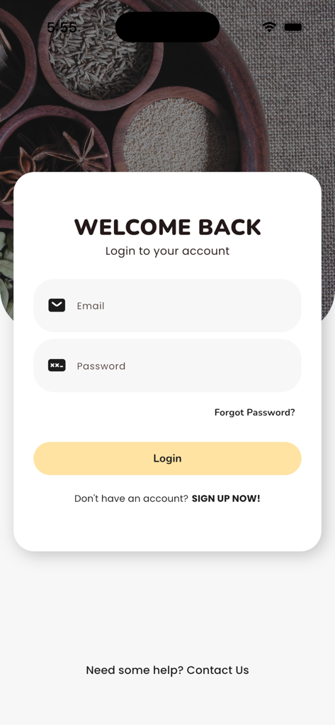 Login screen of the Bumbu Babah app featuring email and password fields on a spice-themed background.