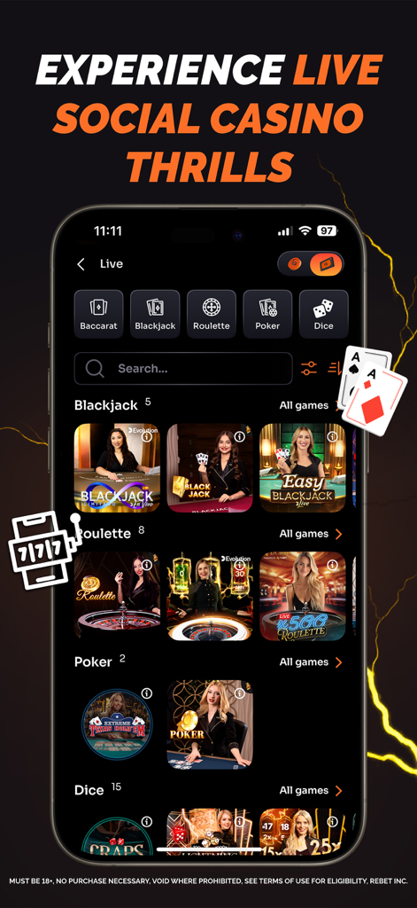 ReBet: Social Sports & Casino - Rebet mobile app live social casino game selection interface