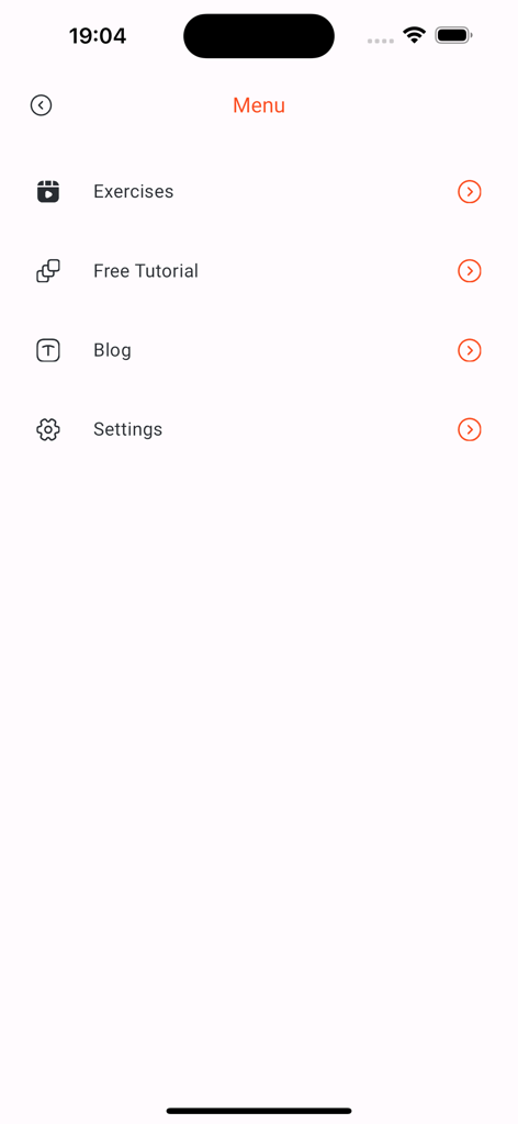 PopFit Max mobile app menu screen showing exercises blog and settings options