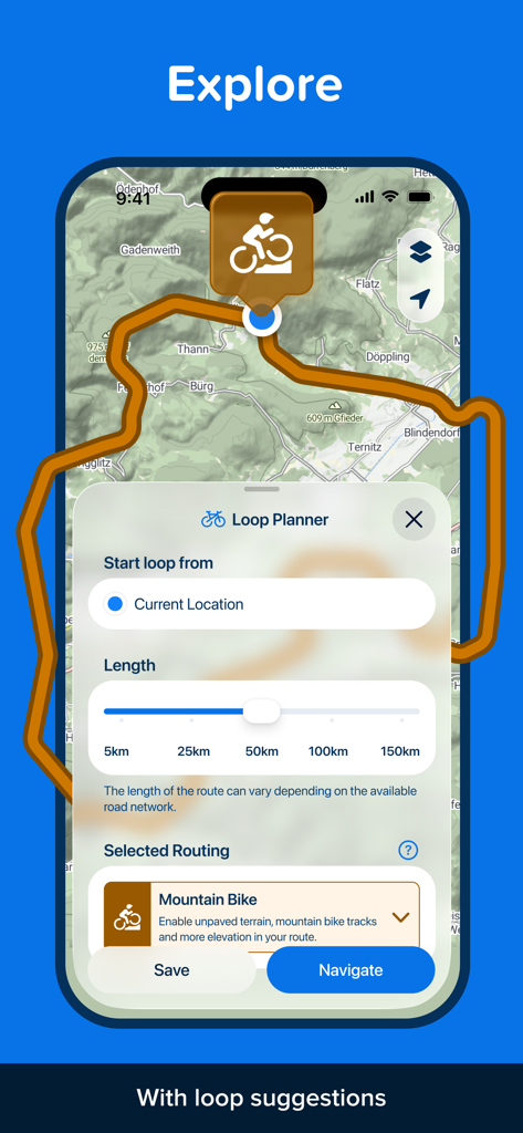 Bikemap app interface showing the Loop Planner feature for mountain biking with route suggestions on a map