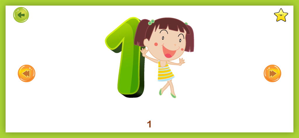 A preschool educational screen showing the number one with a happy cartoon girl