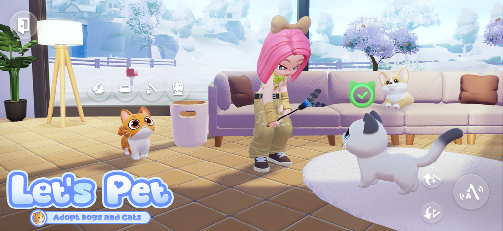 Heartopia - A character with pink hair plays with cats and a dog in a cozy living room in Heartopia