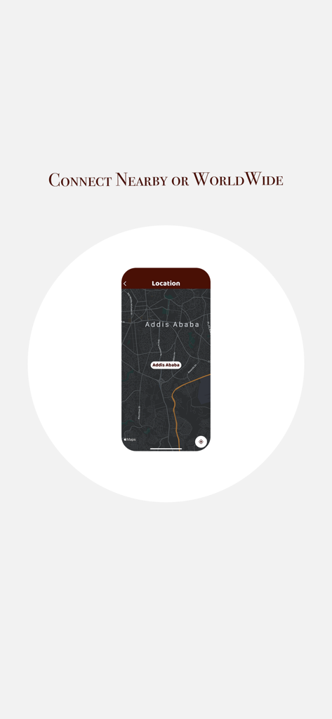 Konjo - Dating & Relationships - Konjo dating app screen showing the option to connect nearby or worldwide with a map centered on Addis Ababa