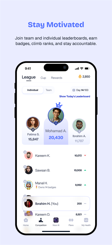 Byte+ - A mobile interface for Byte plus displaying an individual fitness league leaderboard with user rankings and earned points.