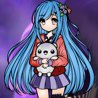 a girl with long hair holding a plushie also anime styled