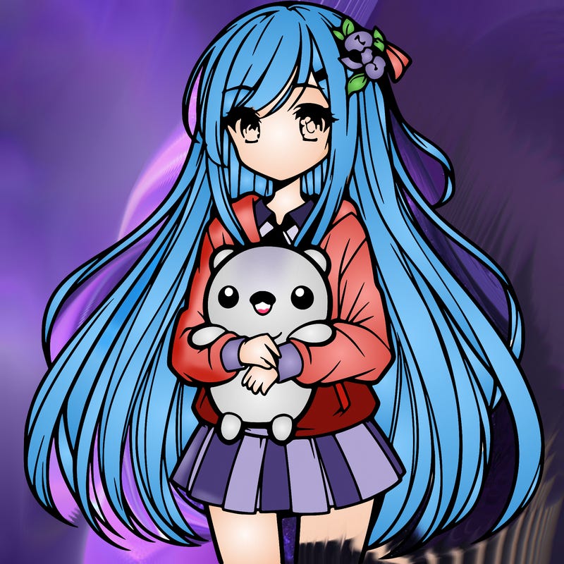 a girl with long hair holding a plushie also anime styled