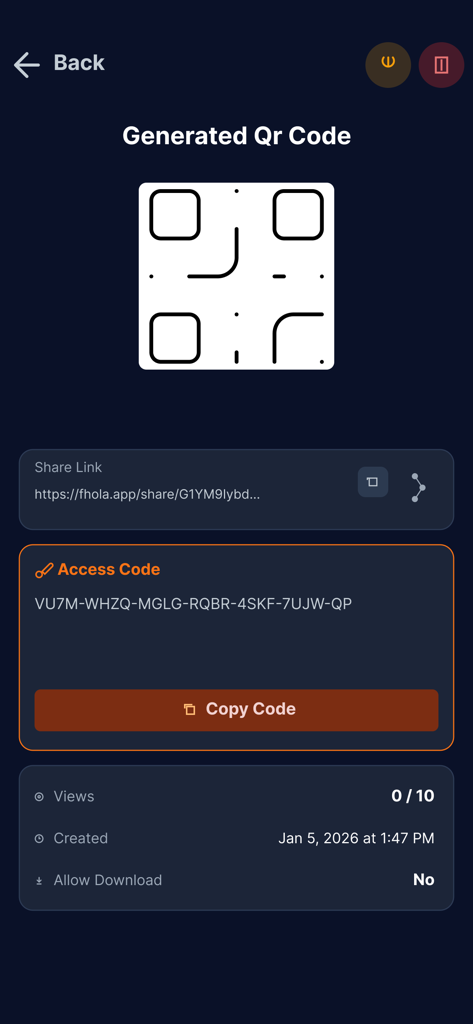 Fhola - Interface segura de partilha de registos médicos com um código QR e código de acesso na aplicação Fhola.