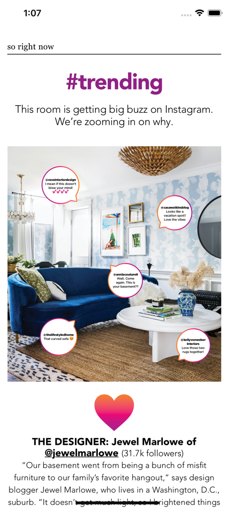 HGTV Magazine US - A trending living room design feature in the HGTV Magazine app with social media comments and a designer spotlight.