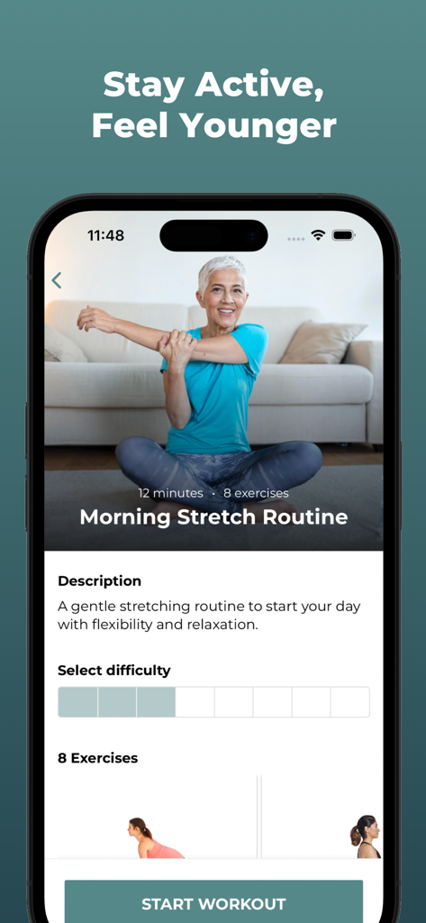 Home Workout For Seniors - Interfaz de una aplicación móvil que muestra una rutina de estiramiento matutino de 12 minutos para personas mayores con un botón para iniciar el entrenamiento.