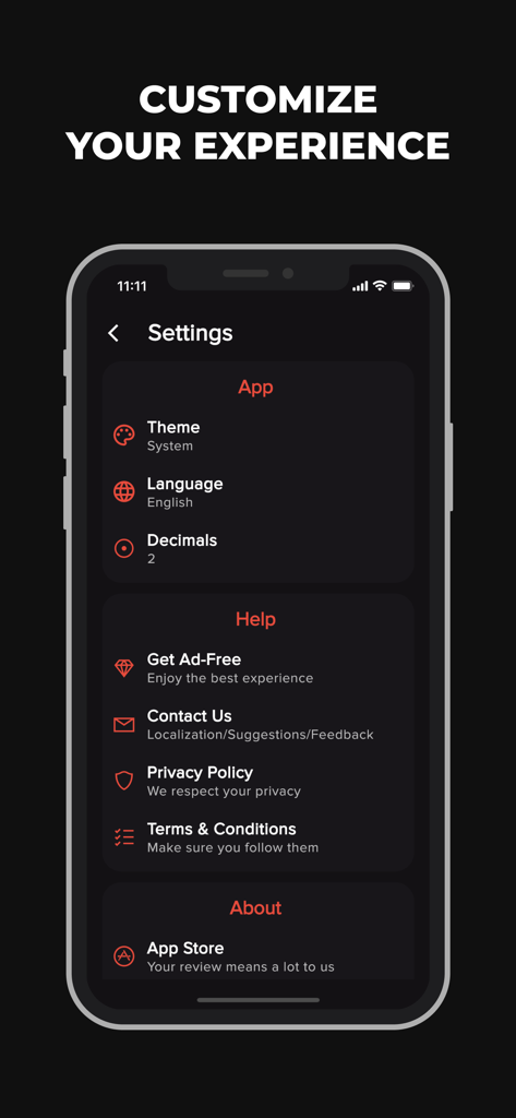 Pantalla de configuración de la aplicación Calculadora de Efectivo que muestra opciones de personalización de tema e idioma en modo oscuro.