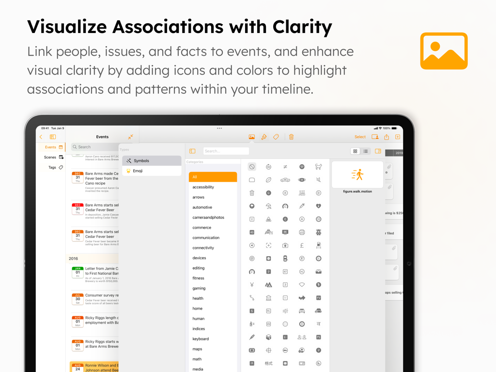 TimelinePad - Create Timelines - TimelinePad app screen showing the icon and symbol library for visualizing legal event associations.
