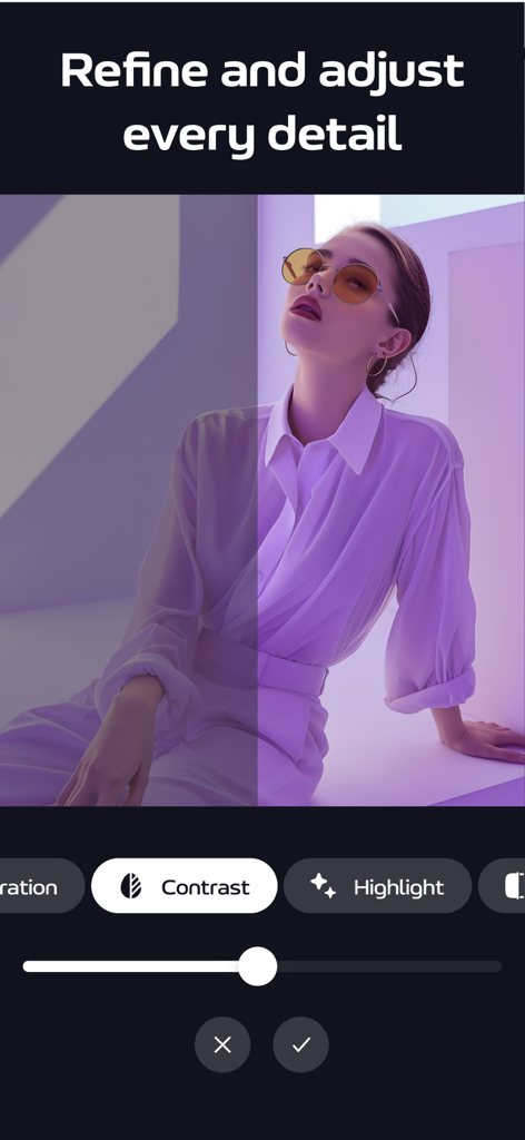 Body Editor: Retouch & Slim - Interface showing photo refinement with contrast adjustment tool on a portrait of a woman