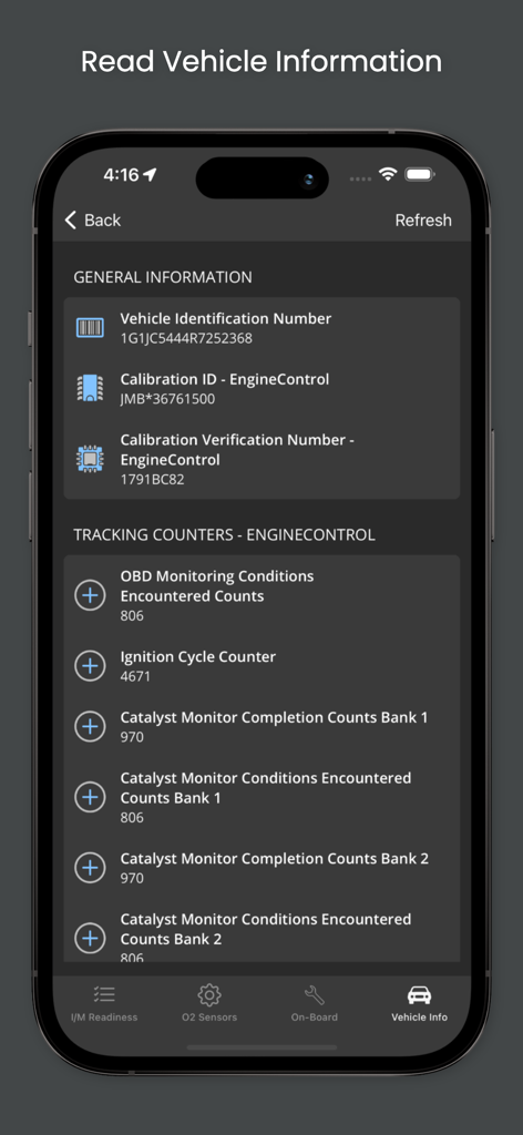 OBD Fusion - OBD Fusion app displaying vehicle identification number, calibration data, and engine tracking counters.