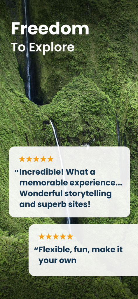 Shaka Maui Audio Tour Guide - Shaka Maui Audio Tour Guide app screenshot with user reviews and a lush waterfall background